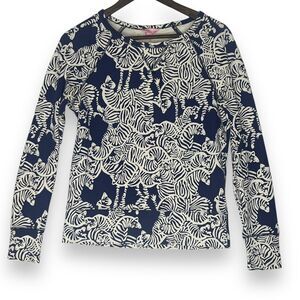 Lilly Pulitzer Top I Heard You Sweatshirt Navy Blue White Zebra XS Flawed